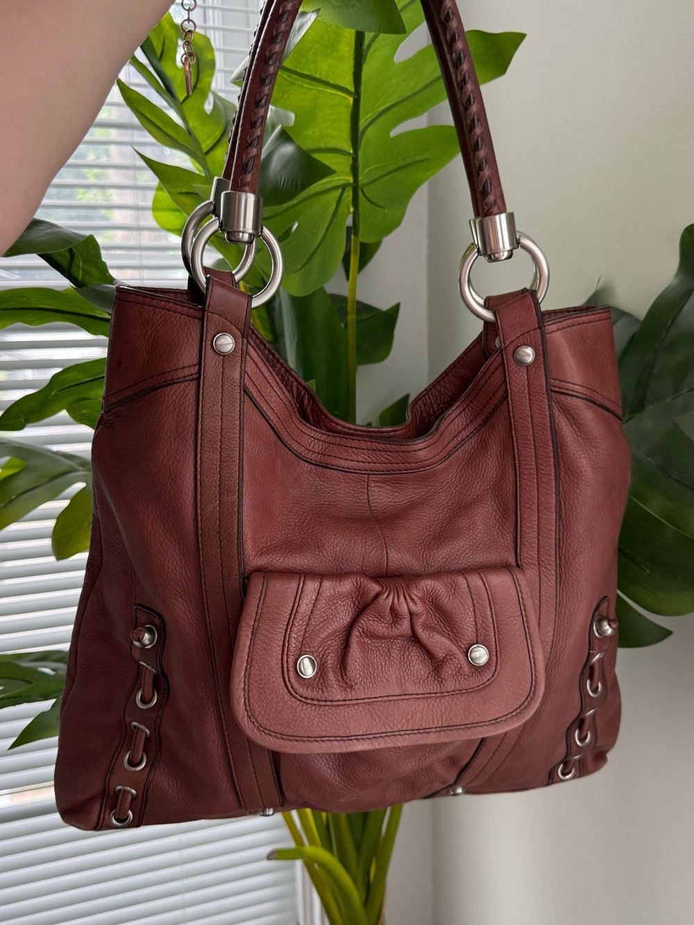 Textured Burgundy Leather Shoulder Bag with Silver Hardware